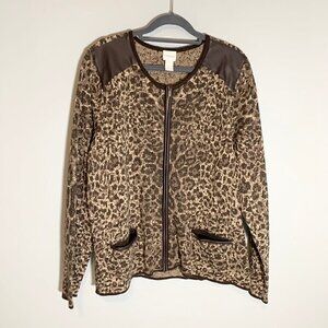 Chico's animal print zipper close long sleeve faux leather detail shirt cardigan